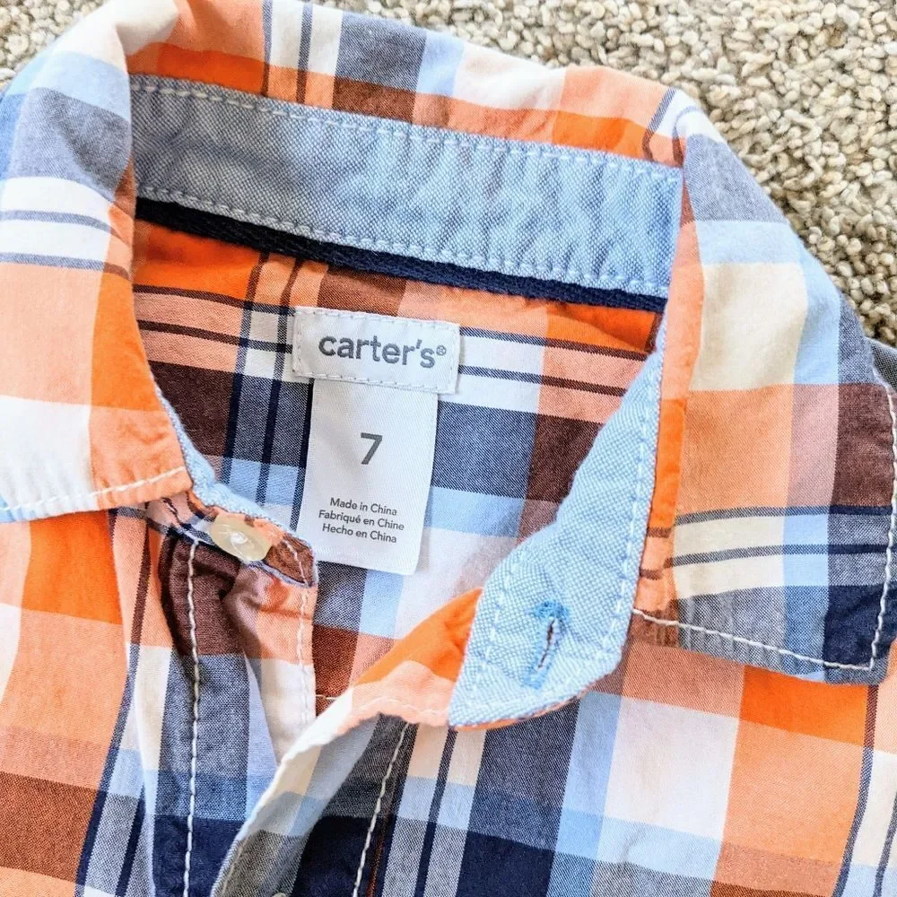Orange Boys Plaid Button Down Shirt 7 Church School Occasion Classic Preppy